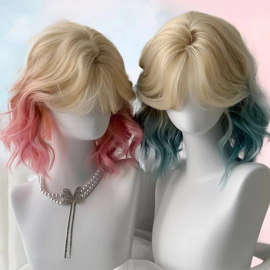 Ombre Blue Synthetic BOB Wig Hair Cosplay Short Curly Bob Wig With Natural Simulated Scalp Ombre Pink Water Wave Wig With Bangs