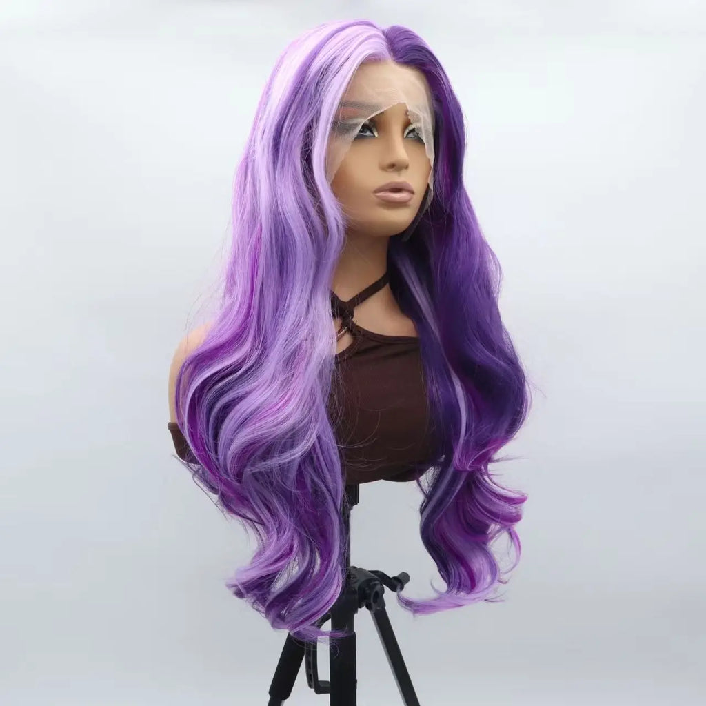 Synthetic Mixed Purple Lace Front Wig Long Wavy Wigs Heat Resistant Fiber Hair Wigs  Cosplay wigs
