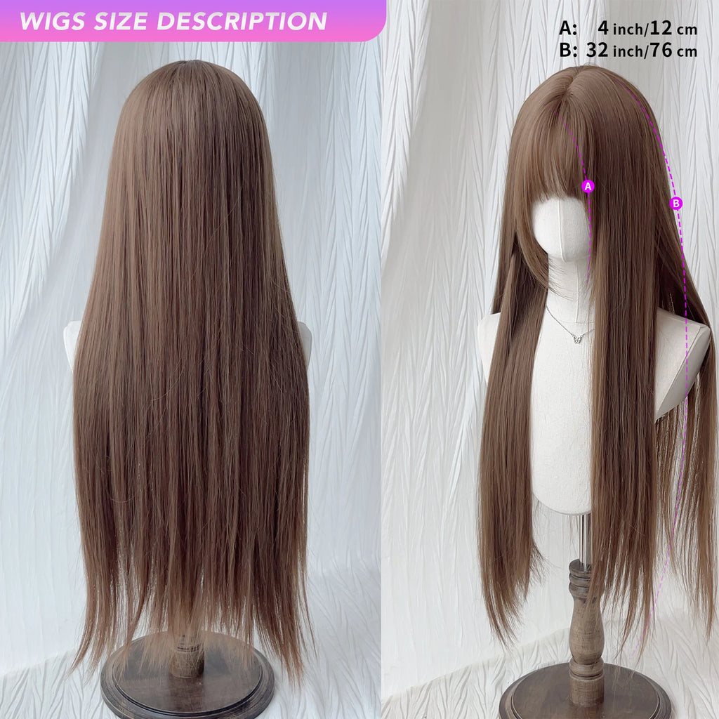 MEISU 32 Inch Straight Bangs Wig Synthetic Fiber Layered Hair Heat-Resistant Natural Smooth Extend Hair Selfie Party