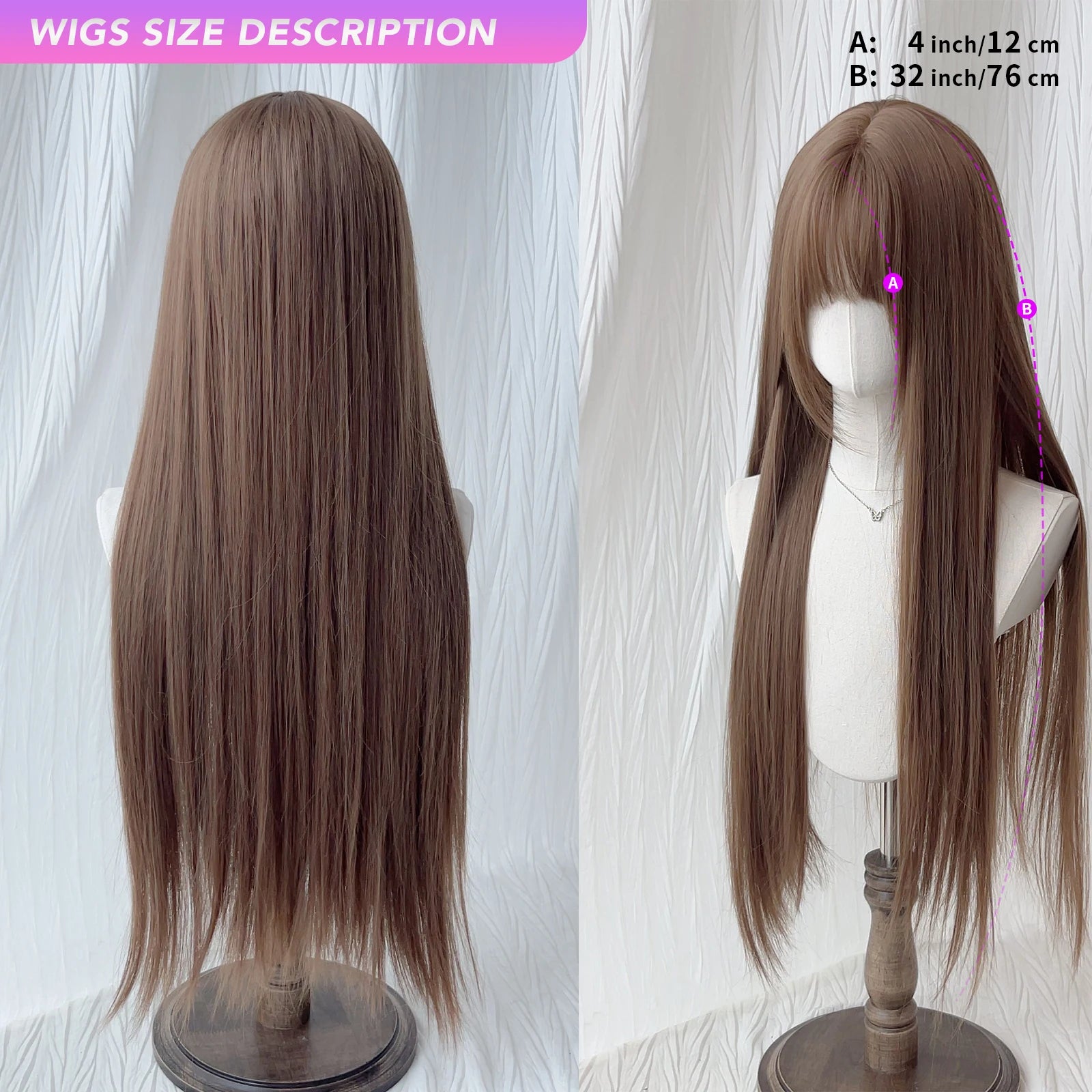 MEISU 32 Inch Straight Bangs Wig Synthetic Fiber Layered Hair Heat-Resistant Natural Smooth Extend Hair Selfie Party
