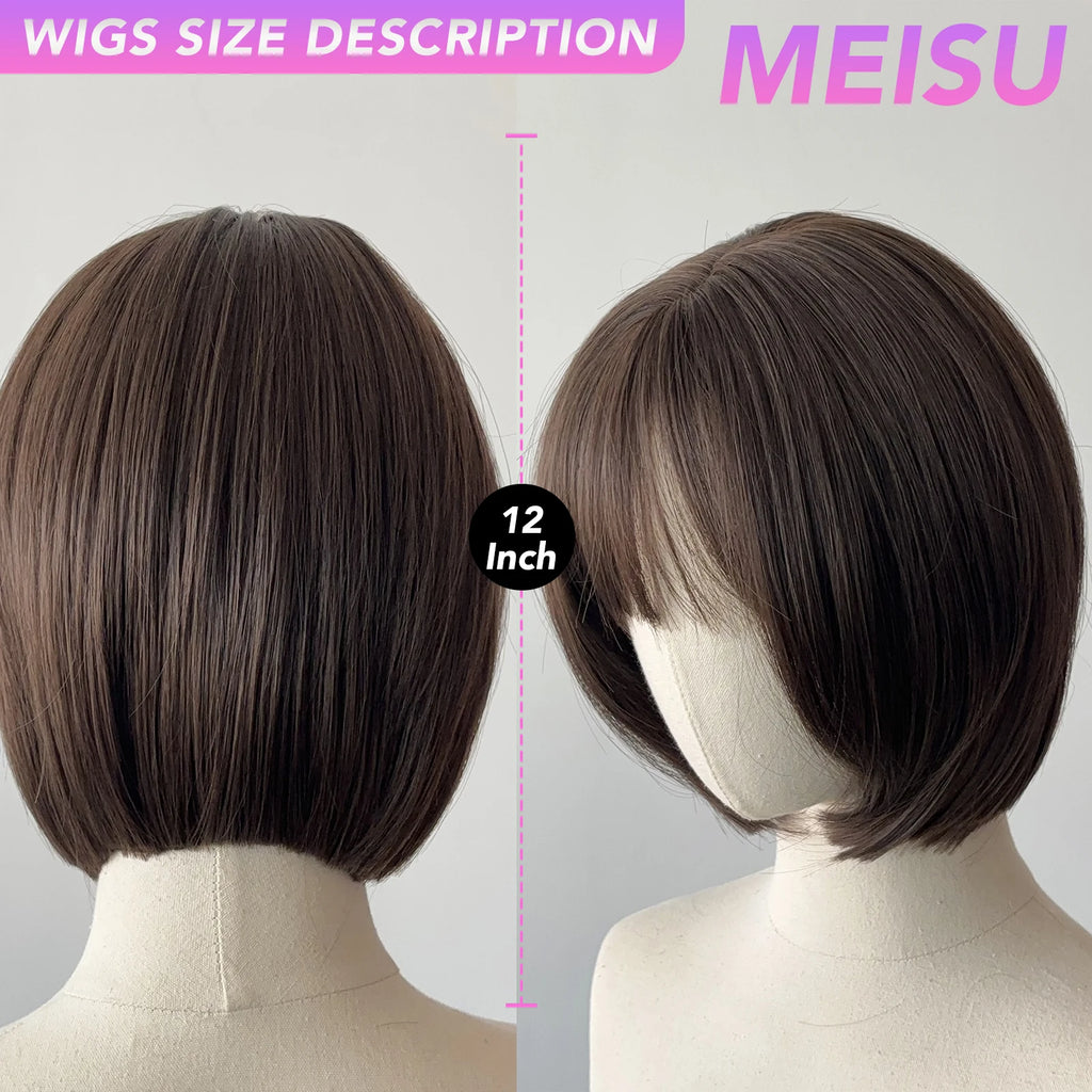 MEISU 12 Inch Dark Brown Synthetic Bobo Bangs Wig  Heat-Resistant Natural Smooth Hair Stylish Party Wigs For Women