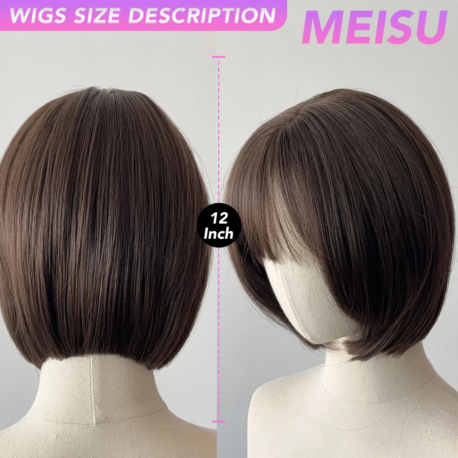 MEISU 12 Inch Dark Brown Synthetic Bobo Bangs Wig  Heat-Resistant Natural Smooth Hair Stylish Party Wigs For Women