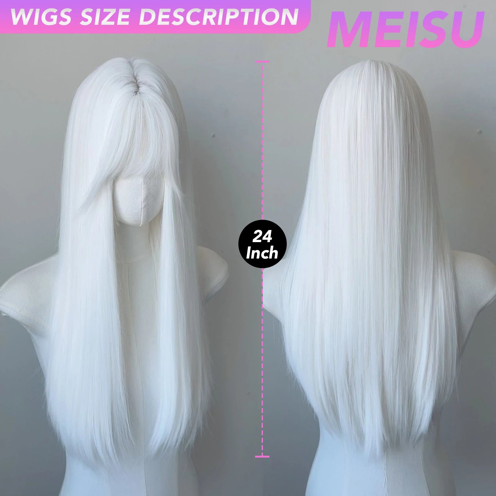 MEISU 24 Inch Synthetic Long Straight Bangs Wig Wihte Fiber Heat-Resistant Layered Natural Smooth Halloween Cosplay Party Daily