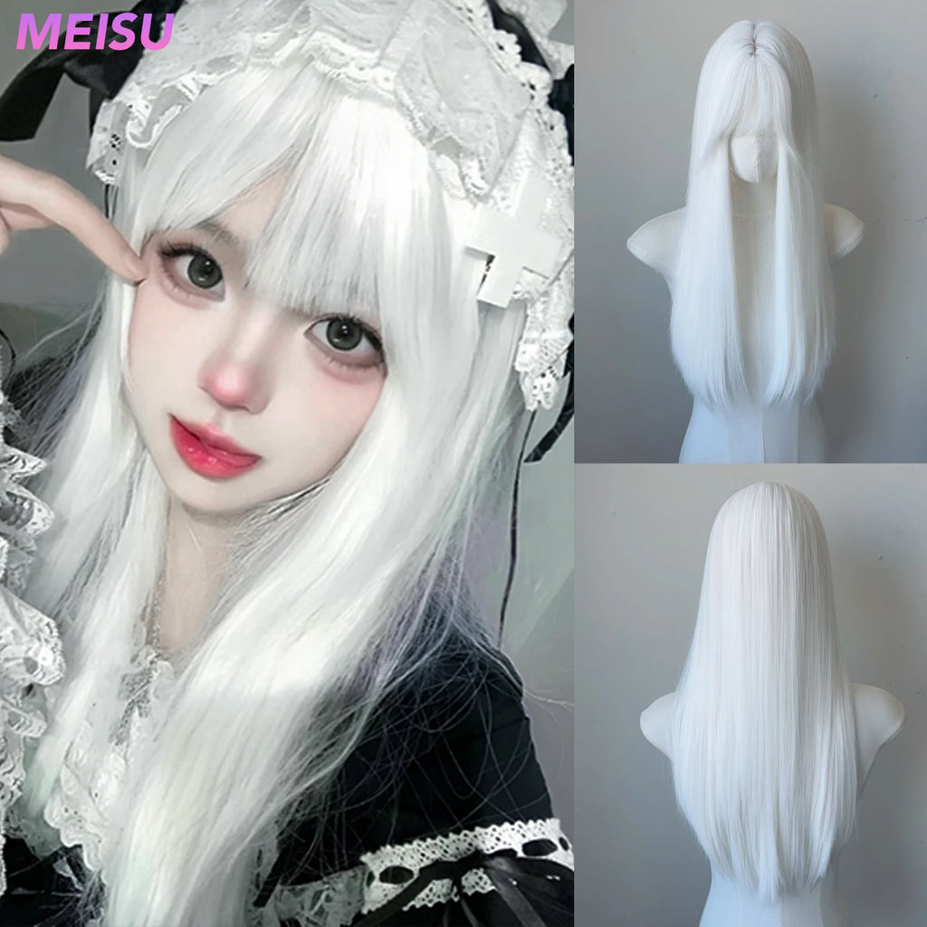 MEISU 24 Inch Synthetic Long Straight Bangs Wig Wihte Fiber Heat-Resistant Layered Natural Smooth Halloween Cosplay Party Daily