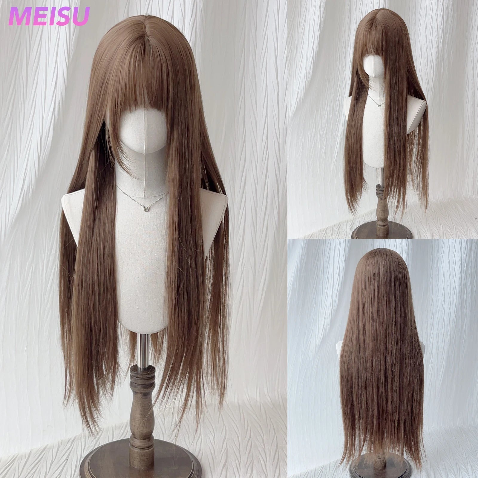MEISU 32 Inch Straight Bangs Wig Synthetic Fiber Layered Hair Heat-Resistant Natural Smooth Extend Hair Selfie Party