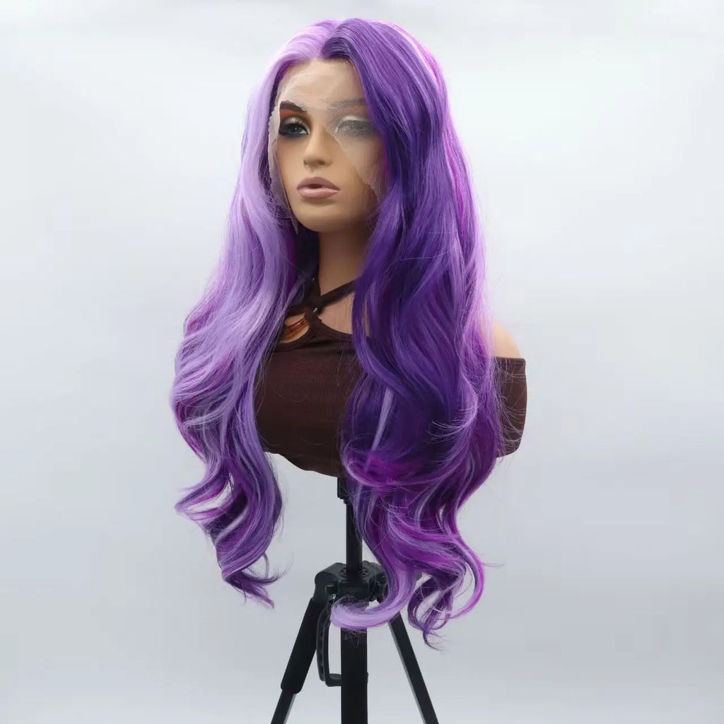 Synthetic Mixed Purple Lace Front Wig Long Wavy Wigs Heat Resistant Fiber Hair Wigs  Cosplay wigs