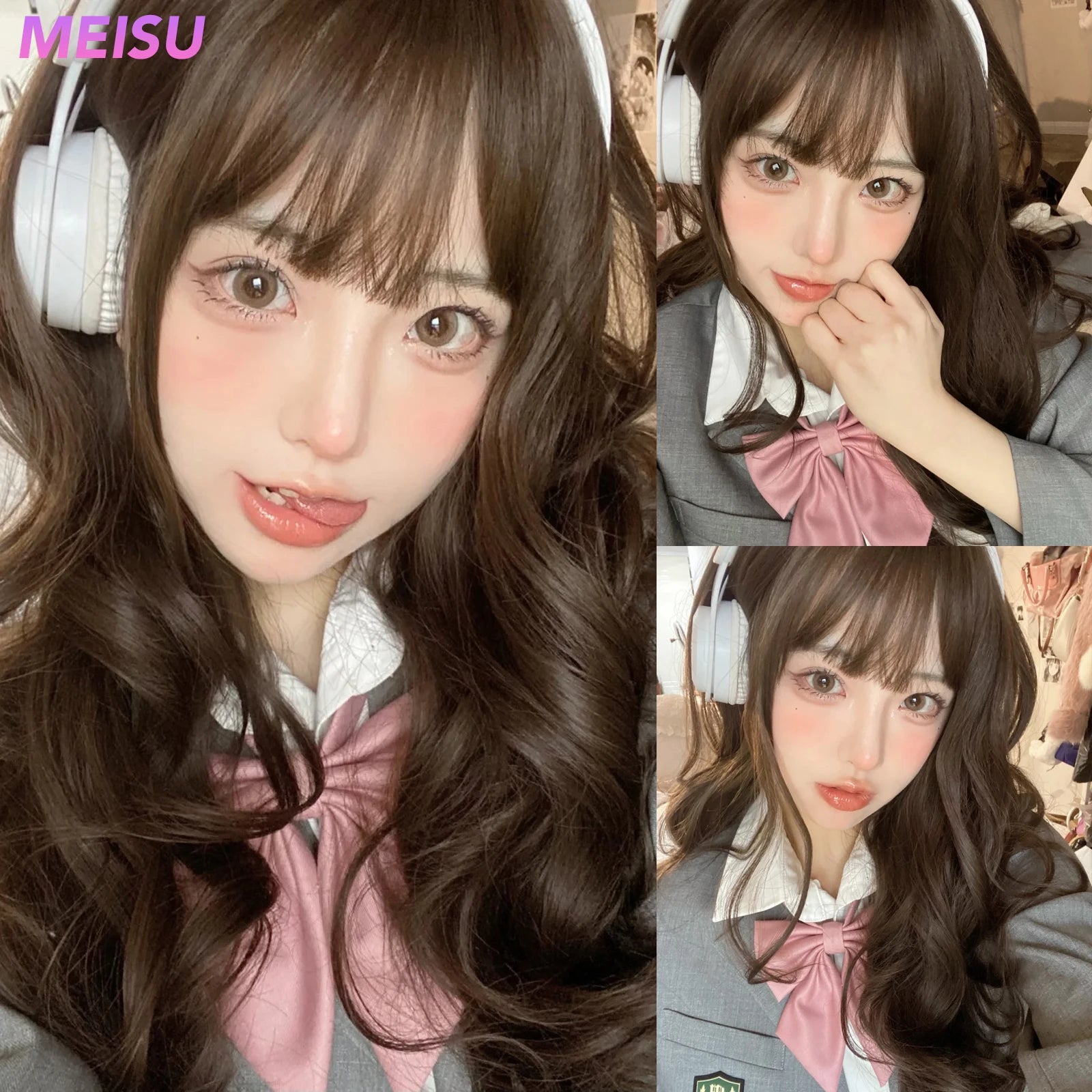 MEISU 26 Inch Curly Wave Bangs Wig Brown Synthetic Fiber Layered Hair Heat-Resistant Natural Smooth Extend Hair Selfie Party