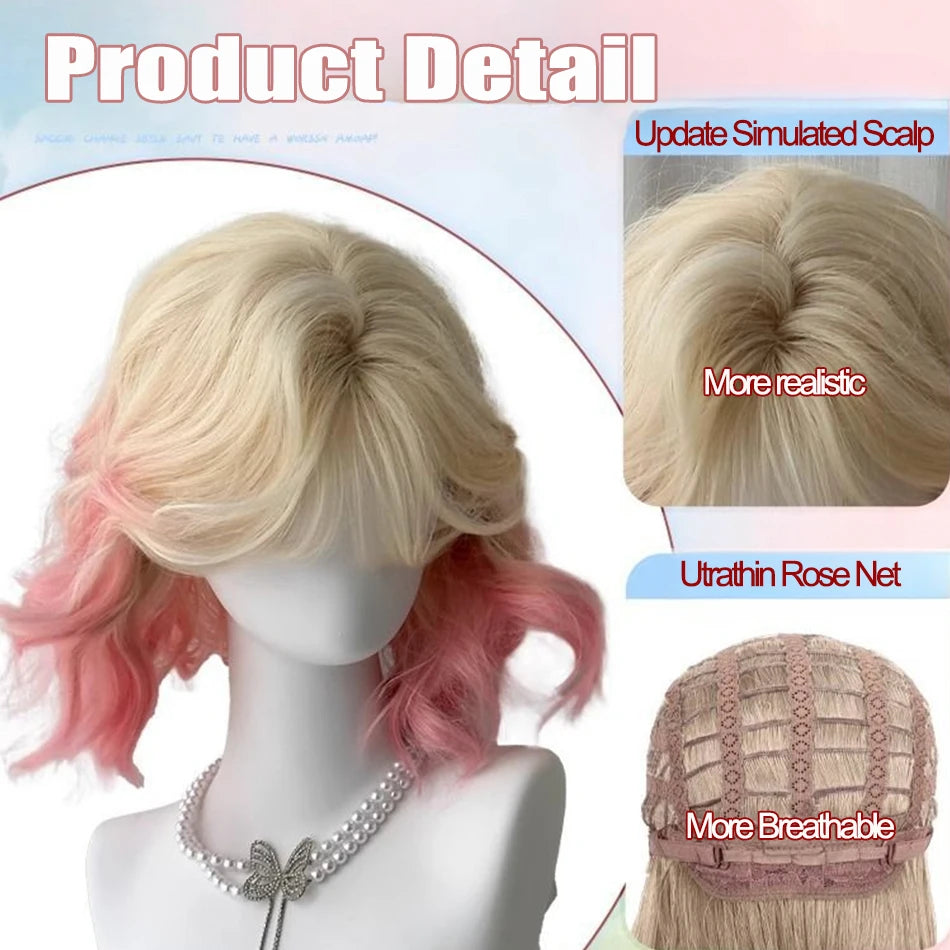 Ombre Blue Synthetic BOB Wig Hair Cosplay Short Curly Bob Wig With Natural Simulated Scalp Ombre Pink Water Wave Wig With Bangs