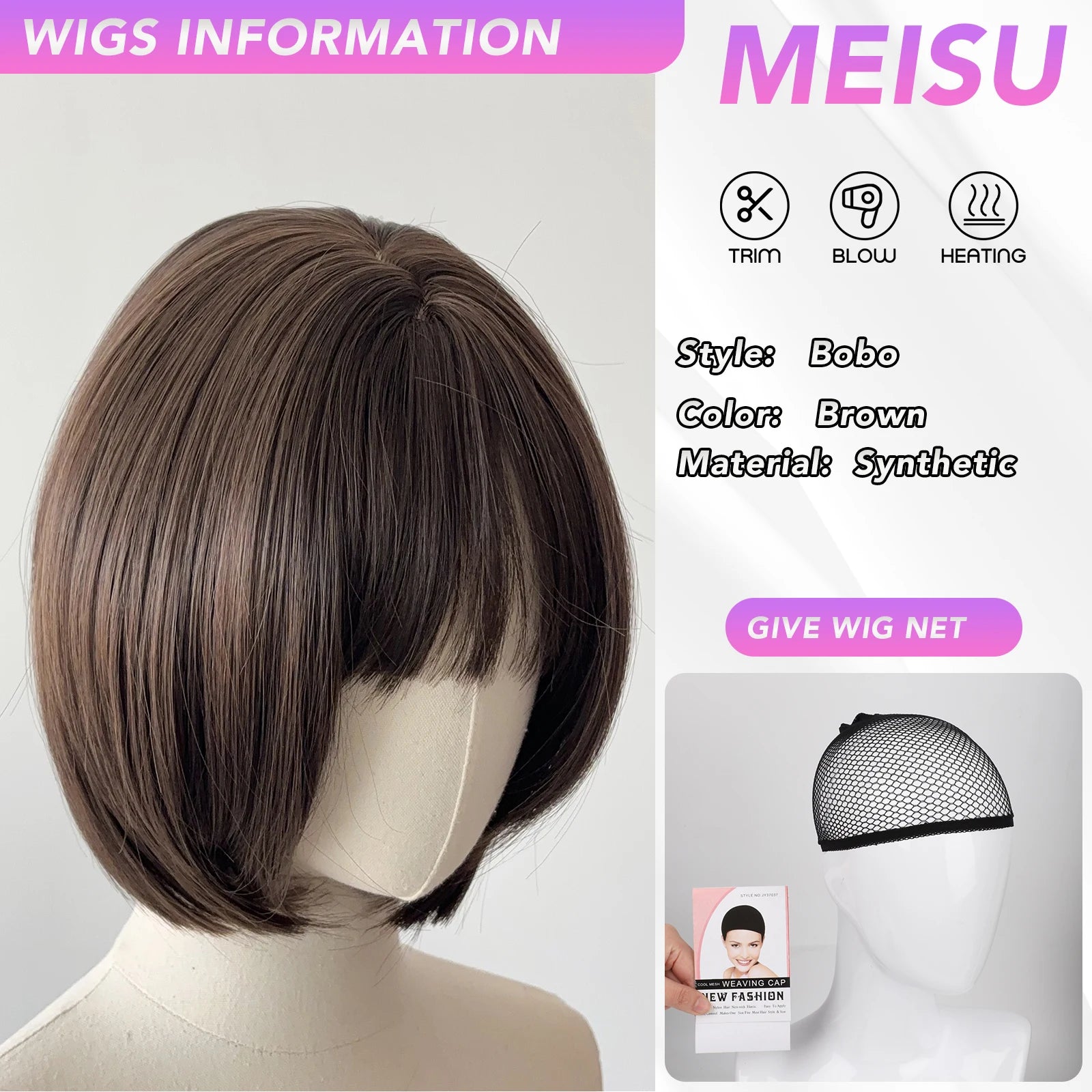 MEISU 12 Inch Dark Brown Synthetic Bobo Bangs Wig  Heat-Resistant Natural Smooth Hair Stylish Party Wigs For Women