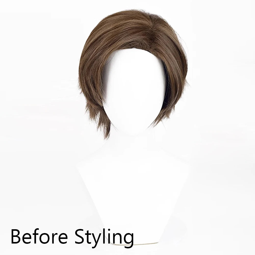 Brown Short Straight Synthetic Wig Middle Part Anime Game Cosplay Fluffy Men Wig for Daily Party