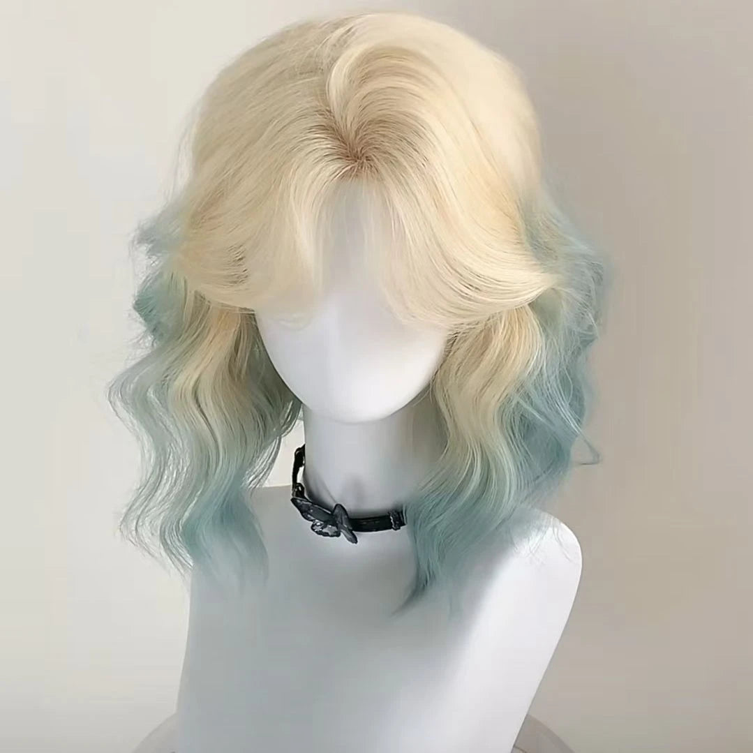 Ombre Blue Synthetic BOB Wig Hair Cosplay Short Curly Bob Wig With Natural Simulated Scalp Ombre Pink Water Wave Wig With Bangs